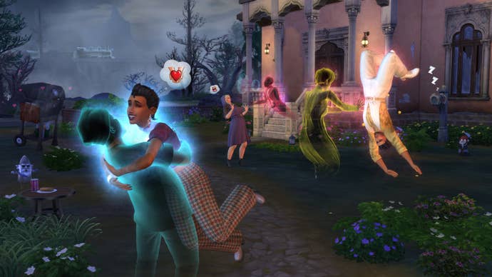 A screenshot from The Sims 4’s Life & Death expansion showing ghosts and humans intermingling in a spooky graveyard