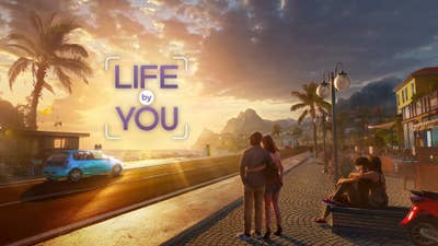 Two couples holding each other look out at a sunset over the coast in a piece of promo art for Life By You