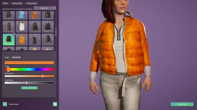The clothing menu showing a jacket’s colour options in Life By You