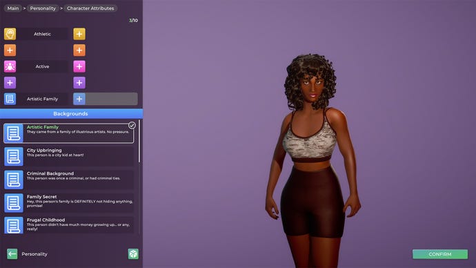 The character attributes menu showing different family backgrounds in Life By You