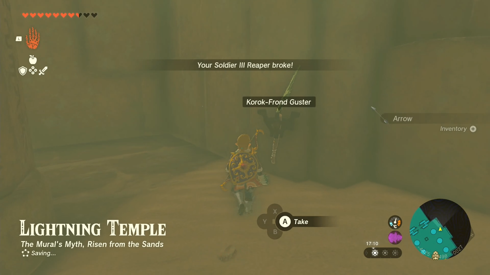 Link getting ready to pick up a Korok-Frond Guster in the Lightning Temple.