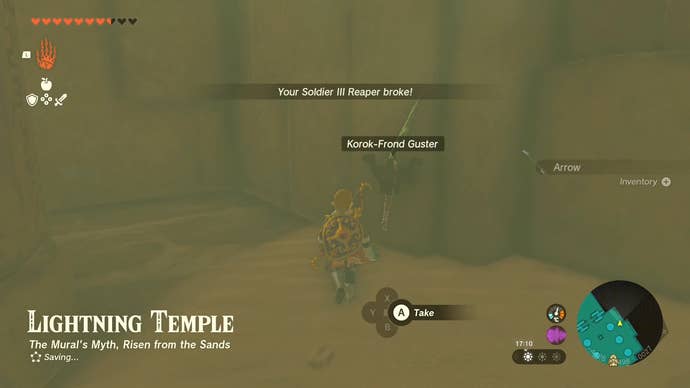 Link getting ready to pick up a Korok-Frond Guster in the Lightning Temple.