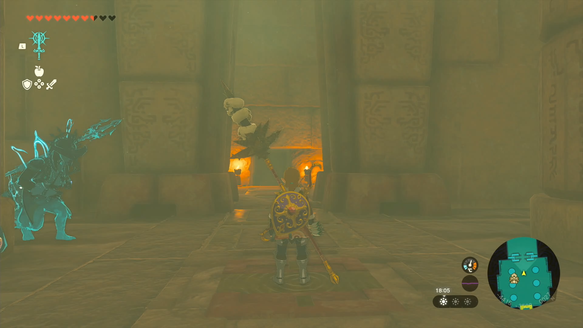 Link standing on a switch to open a gate in the Lightning Temple.