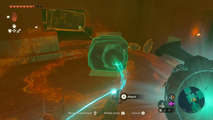Link using his Ultrahand ability to move a large stone in the Lightning Temple in Tears of the Kingdom.