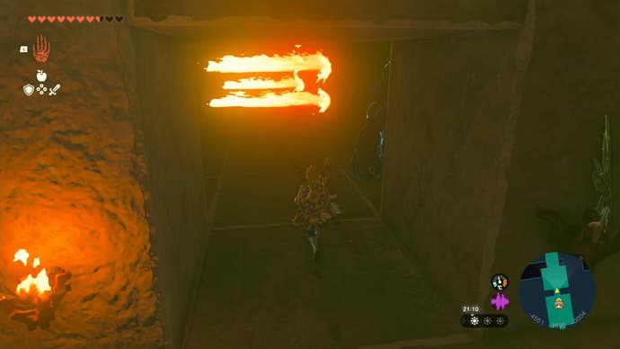 Link approaching some flames in the Lightning Temple in The Legend of Zelda: Tears of the Kingdom.