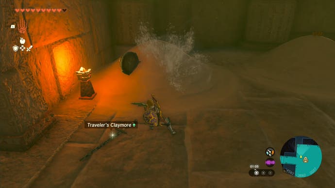 Link using the Korok-Frond Guster on a sand pile to reveal a mirror in Tears of the Kingdom's Lightning Temple.