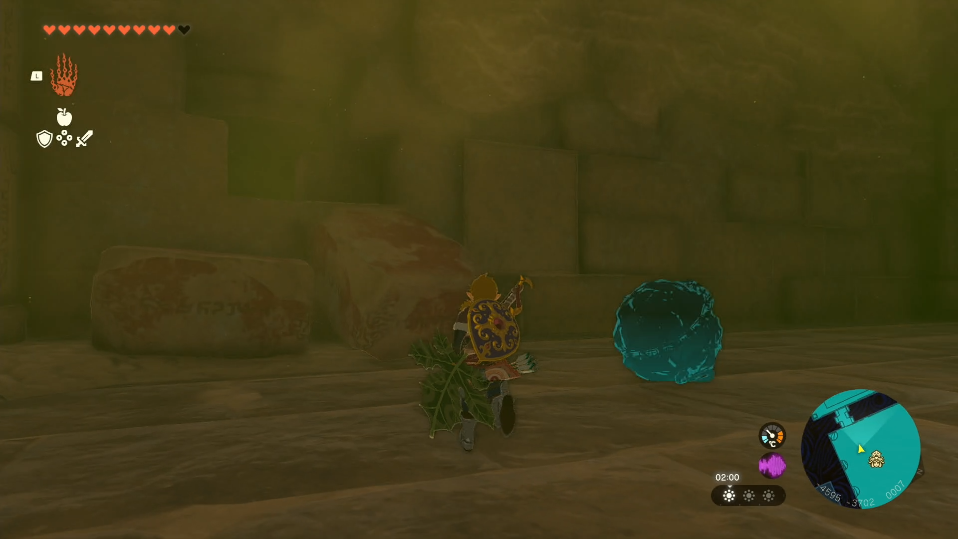 Link approaching some stone slabs he can climb in Tears of the Kingdom&rsquo;s Lightning Temple.