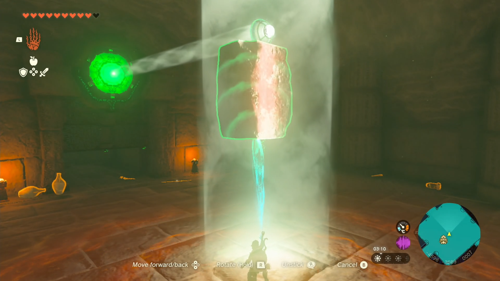Link using his Ultrahand ability to attach a mirror to a stone as part of a puzzle in Tears of the Kingdom&rsquo;s Lightning Temple.