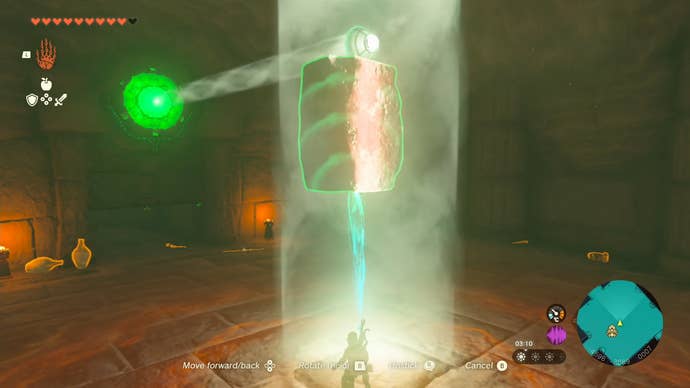 Link using his Ultrahand ability to attach a mirror to a stone as part of a puzzle in Tears of the Kingdom’s Lightning Temple.
