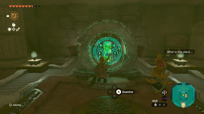 Link approaching a circular, stone structure with a green circle in the middle that he can touch in the Lightning Temple.