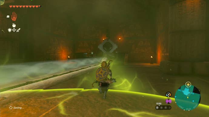 Link using Riju’s Lightning ability to charge the second battery in the Lightning Temple.