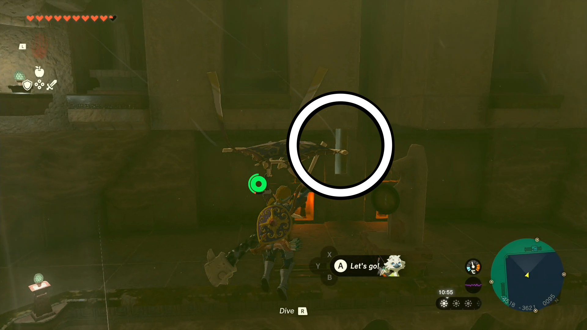 Link gliding towards a small gap that leads to the Room of Natural Light in the Lightning Temple.