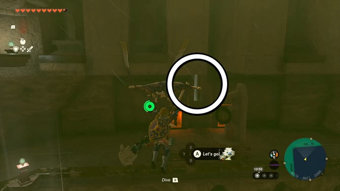 Link gliding towards a small gap that leads to the Room of Natural Light in the Lightning Temple.