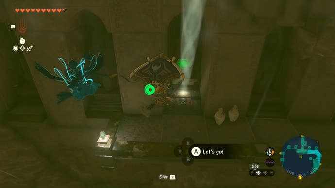 Link gliding towards the entrance of the Room of Offered Light in Tears of the Kingdom’s Lightning Temple.