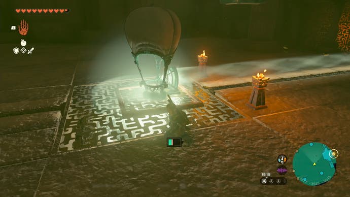 Link using his Ultrahand ability to attach a balloon to a metal platform in the Lightning Temple in Zelda: Tears of the Kingdom.