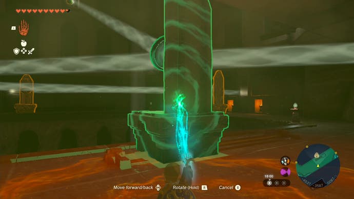 Link moving a statue to change the direction of a beam of light in the Lightning Temple in The Legend of Zelda: Tears of the Kingdom.