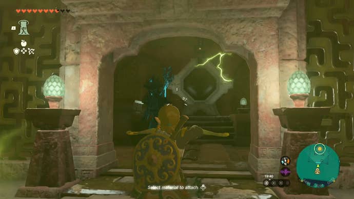 Link standing at the location of the third battery in the Lightning Temple in Tears of the Kingdom.