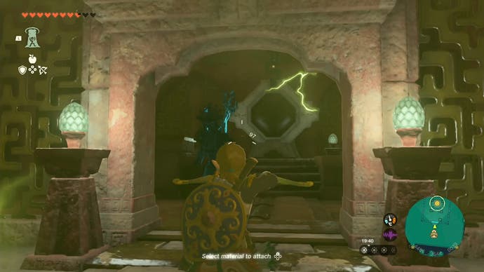 Link standing at the location of the third battery in the Lightning Temple in Tears of the Kingdom.