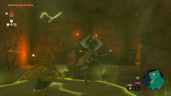 Link using Riju's electric ability to charge the last battery in the Lightning Temple in Tears of the Kingdom.