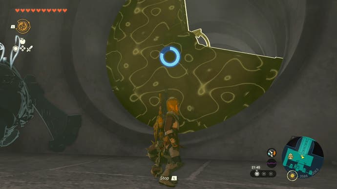 Link using his Recall ability on circular walls in the Lightning Temple in Tears of the Kingdom.