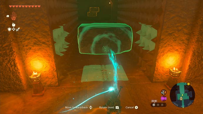 Link using his Ultrahand ability to move a stone slab so it blocks a trap where spikey walls slam shut in the Lightning Temple.