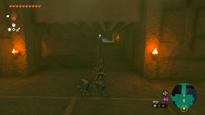 Link moving a stone slab in the Lightning Temple so it blocks a trap where a ceiling with spikes drops.