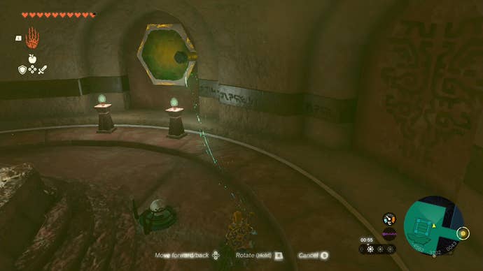 Link using his Korok-Frond Guster on a sand pile to reveal a large spike in the Lightning Temple.