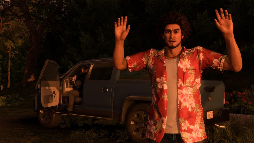 Ichiban raises his hands while Kiryu watches on in Like a Dragon: Infinite Wealth.