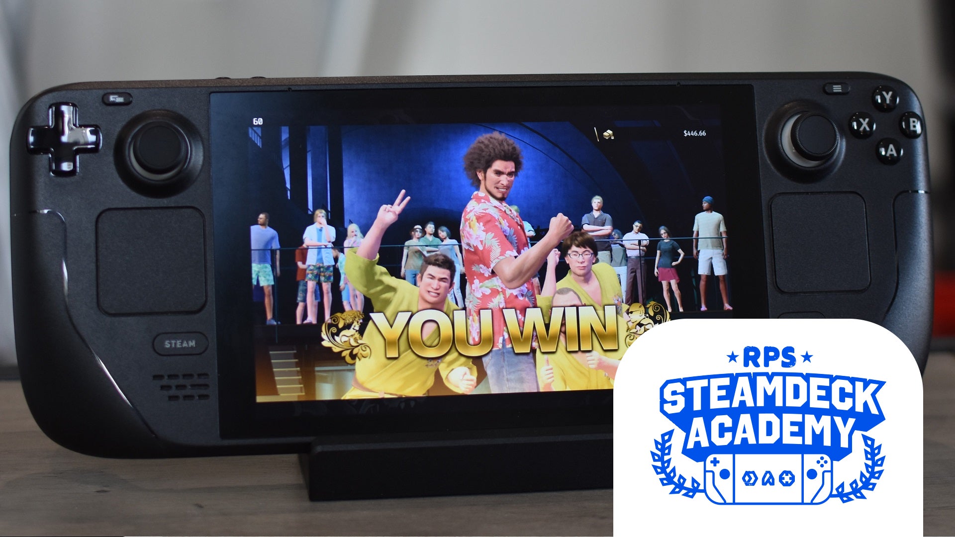 Like a Dragon: Infinite Wealth running on the Steam Deck. The RPS Steam Deck Academy logo is added in the bottom right corner. - 1