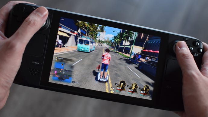 Kasuga rides a segway down a Honolulu street in Like a Dragon: Infinite Wealth, being played on a Steam Deck.