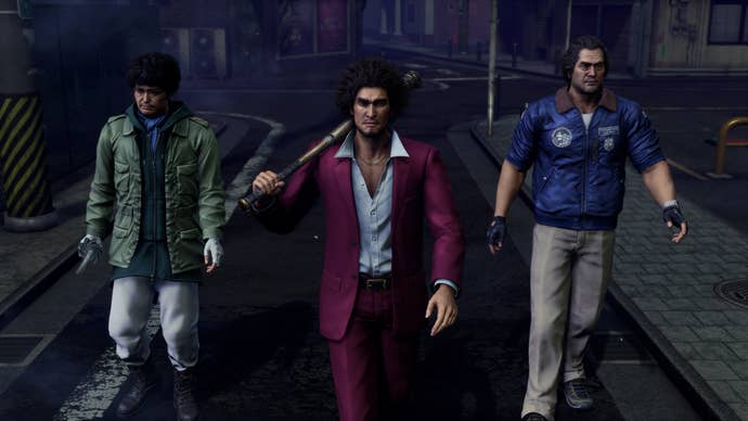 Ichiban, Nanba and Adachi walk purposefully in Like a Dragon: Infinite Wealth.