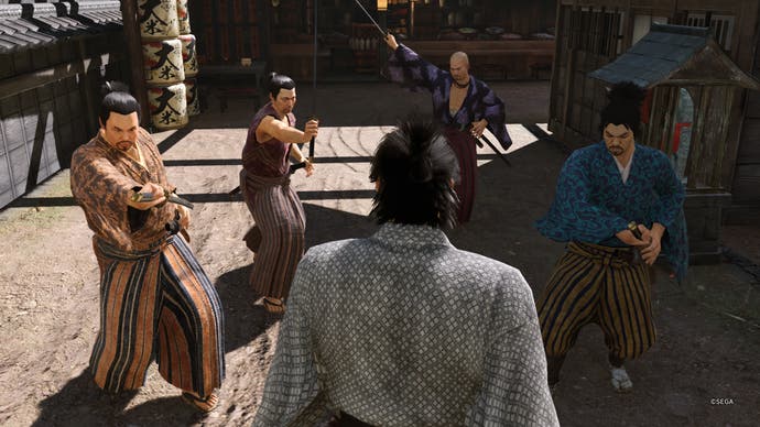 Like a Dragon Ishin review - facing off against four enemies about to draw their swords