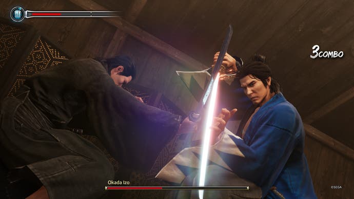 Like a Dragon Ishin review - Ryoma clashing swords with an enemy called Okada Izo