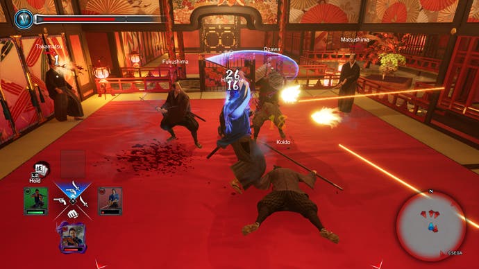 Like a Dragon Ishin review - Ryoma battles several enemies in a red and gold room, with the three combat styles displayed in the bottom left of the UI