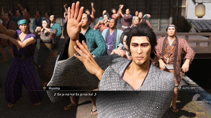 Like a Dragon Ishin review - Ryoma facing the camera with a crowd of people doingthe Ee ja nai ka dance