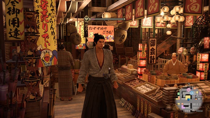 Like a Dragon Ishin review - Ryoma standing in a 1860s version of a Don Quijote store