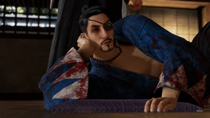 Like a Dragon Ishin review - Okita Soji lies resting on his elbow suggestively