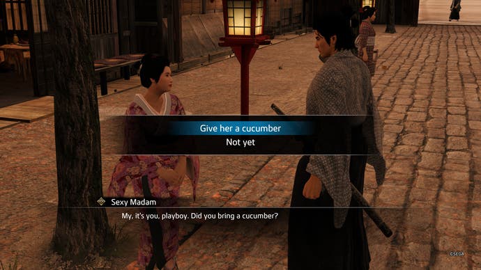 Like a Dragon Ishin review - a lady called Sexy Madam asking if you brought her a cucumber, with a pop up giving you the chance to give her one.