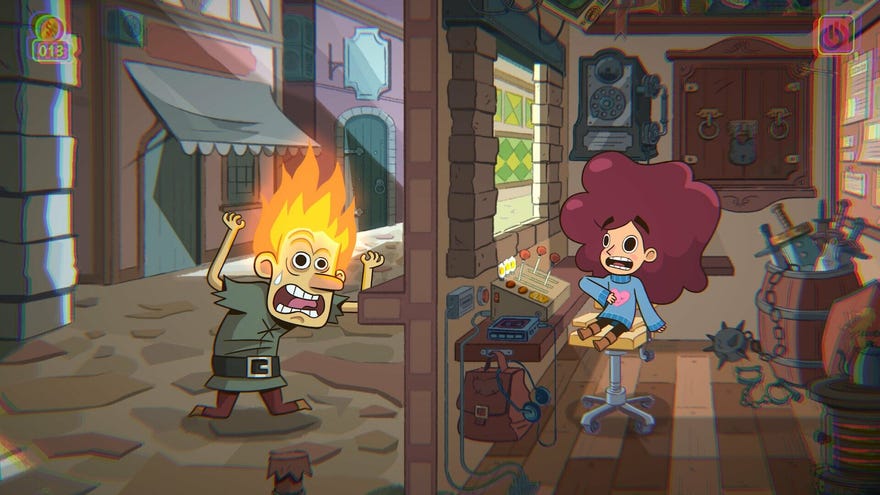 A man with a flaming head (left) screams at a red-haired girl (right) as they’re spirited by a wall in Lil' Guardsman