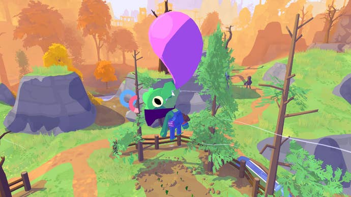 A Lil Gator Game screenshot, showing Lil Gator using bubble gum to rise into the air while dressed as a vampire.
