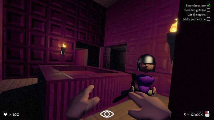 Torches light a blocky purple room as someone leans out behind a corner to see a guard