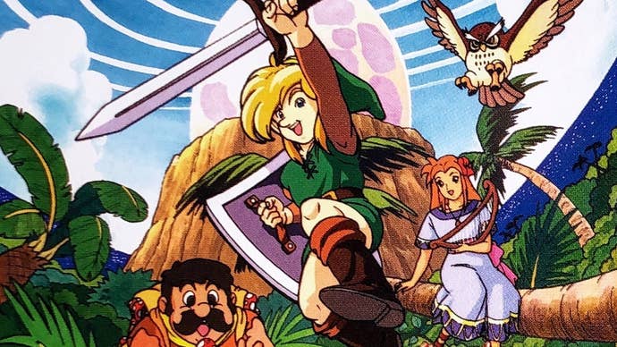Artwork for The Legend of Zelda: Link’s Awakening showing Link holding his sword and shield, Marin sitting on a palm tree and Tarin looking at a mushroom