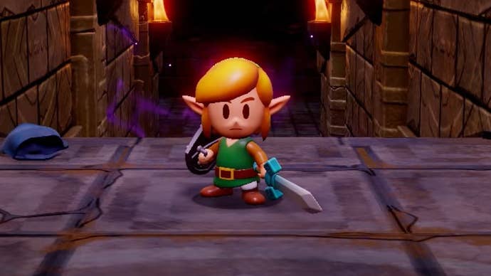 Link at the start of Zelda Echoes of Wisdom wearing a green tunic and holding a sword