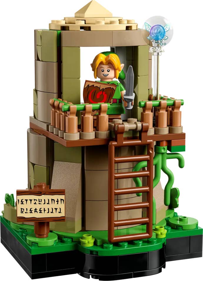 Link in his treehouse in the Ocarina of Time Great Deku Tree Lego set