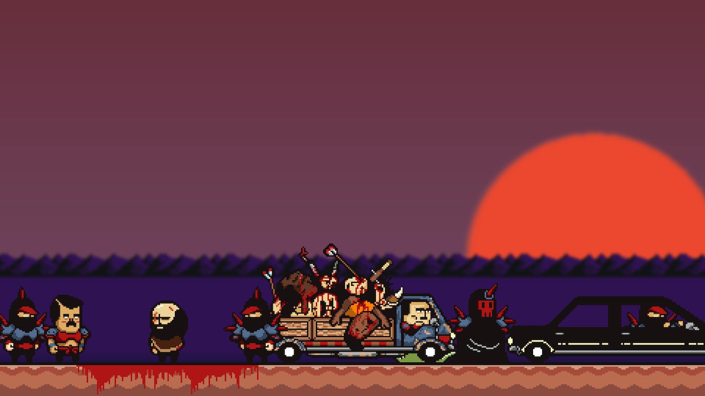 A pixel car full of corpses is driven away during a red sunset in a screenshot from Lisa: Definitive Edition