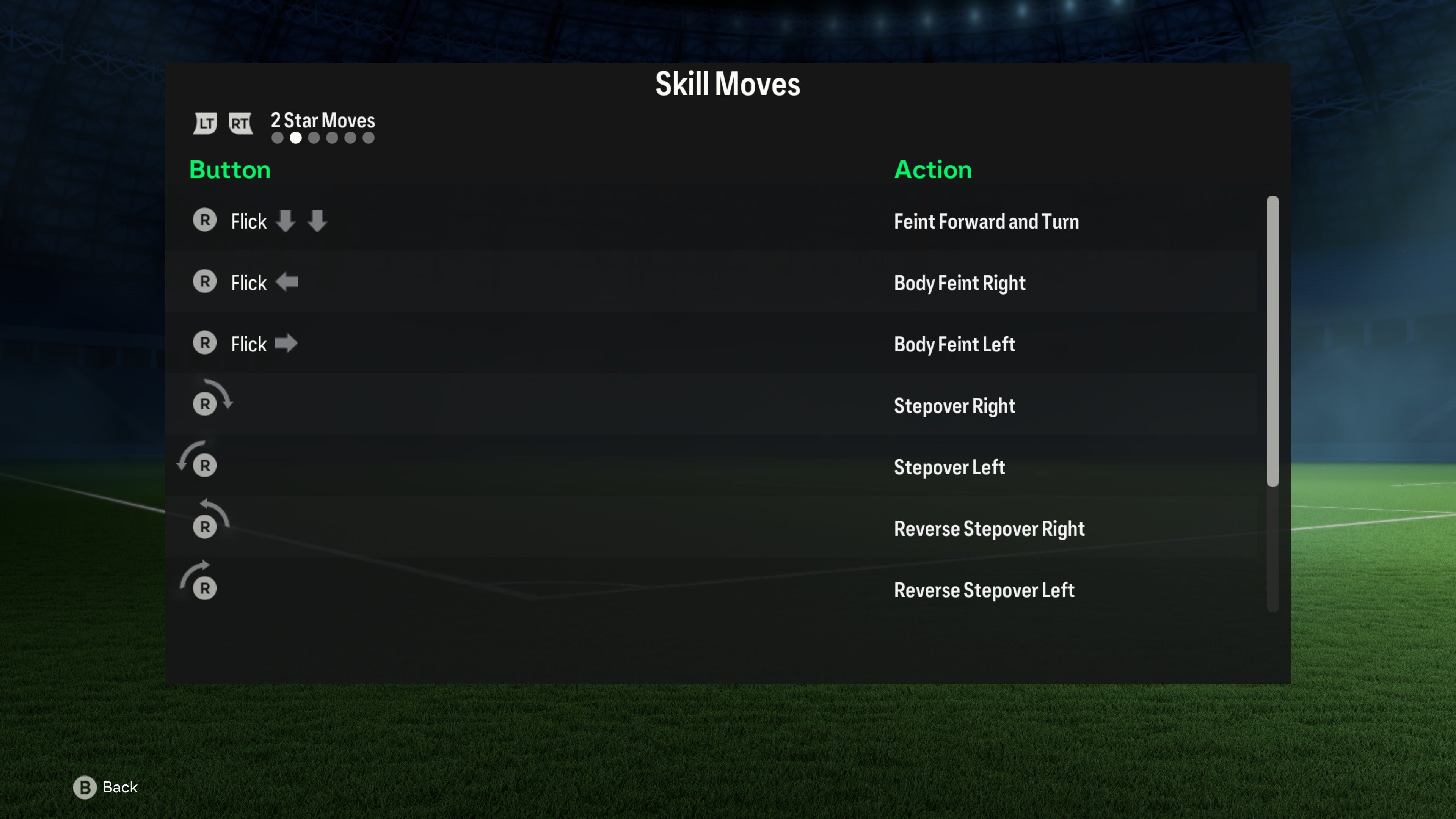 menu list of 2 star skill moves