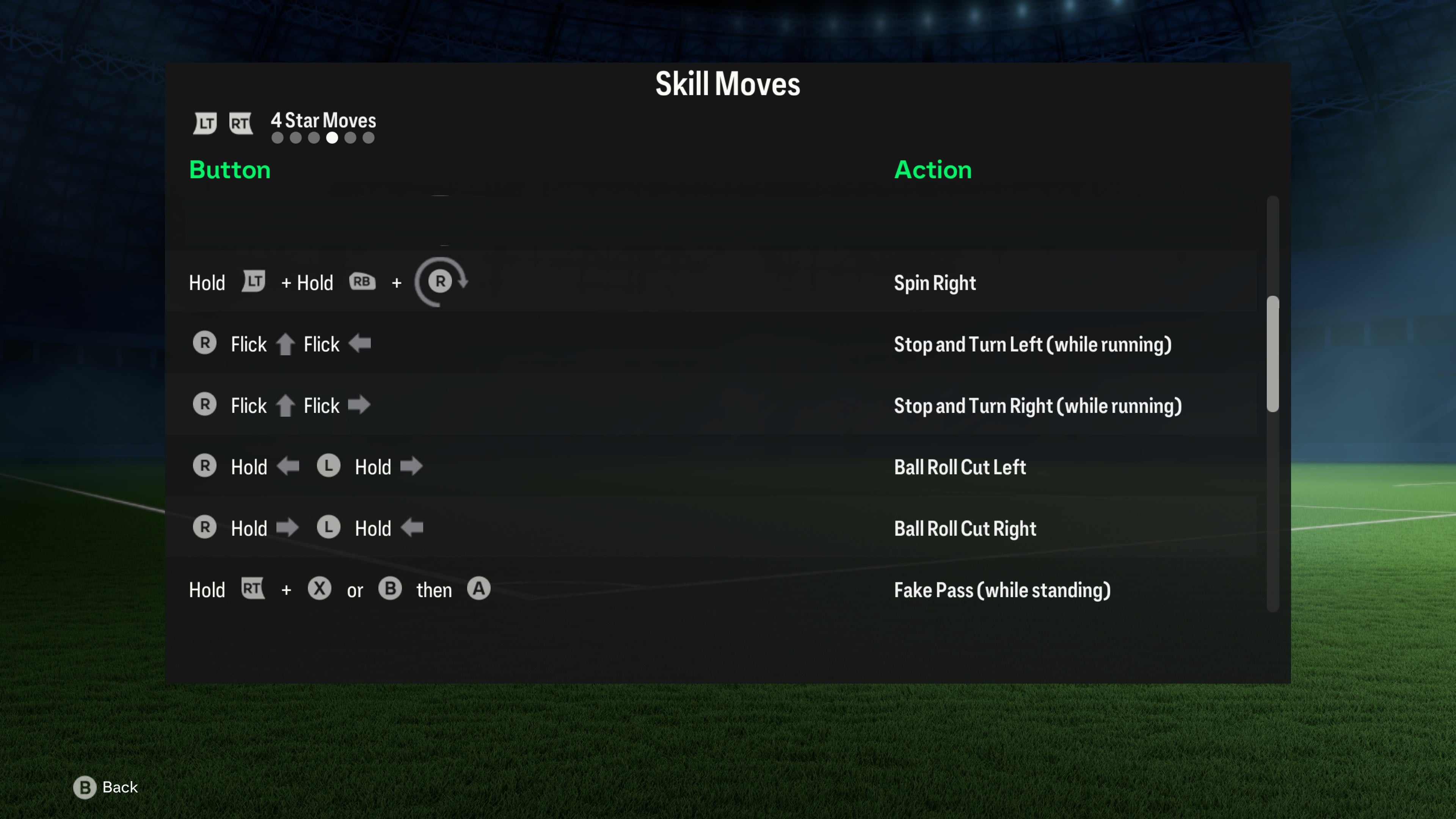 menu list of 4 star skill moves