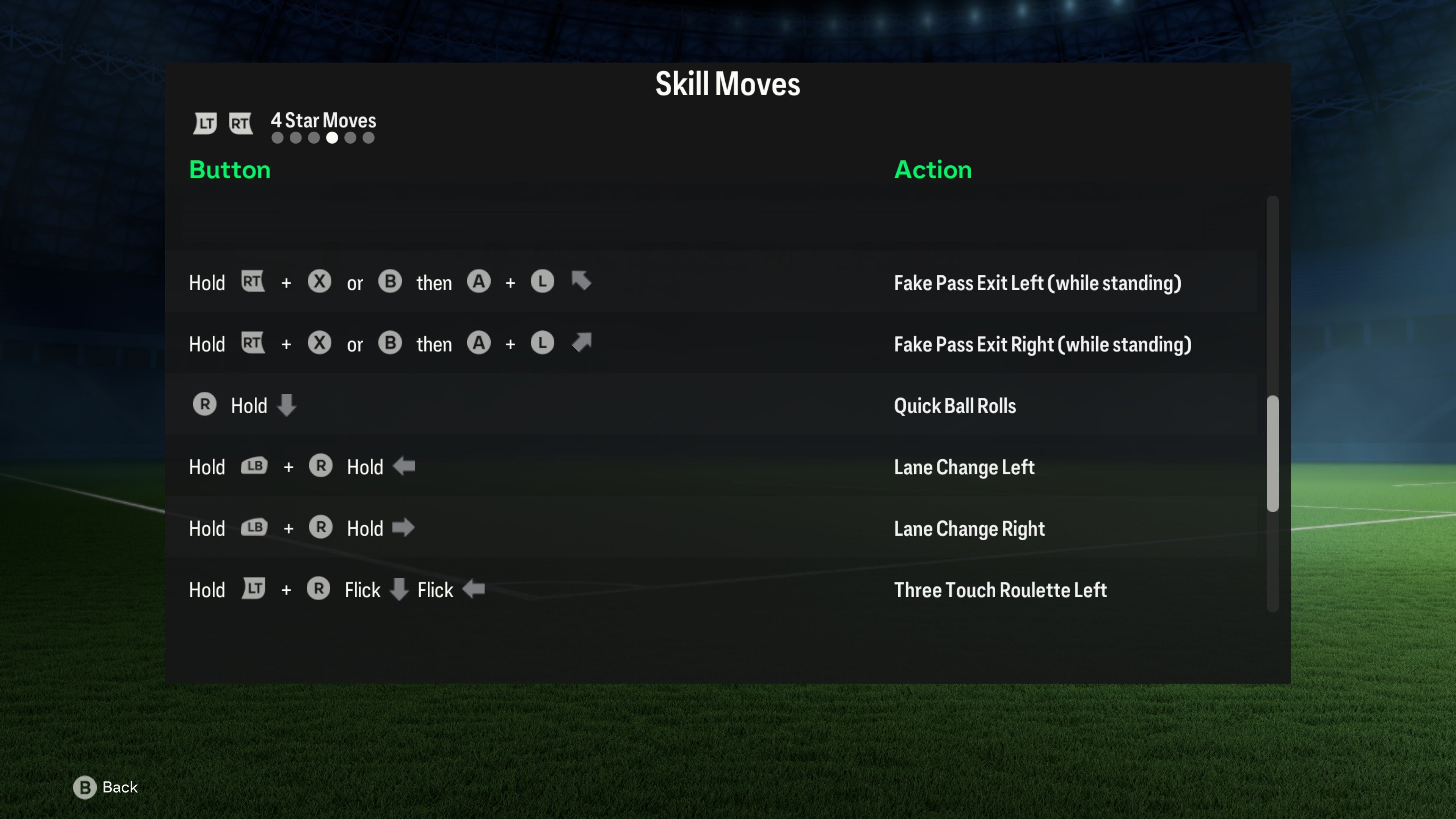 menu list of 4 star skill moves