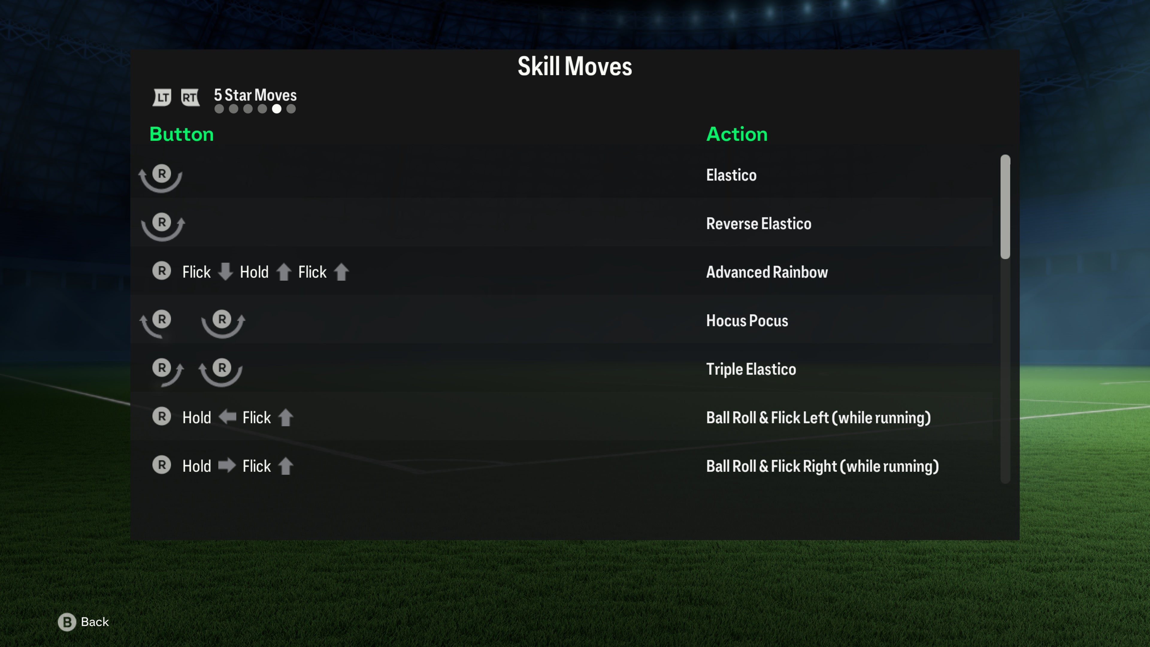 menu list of 5 star skill moves