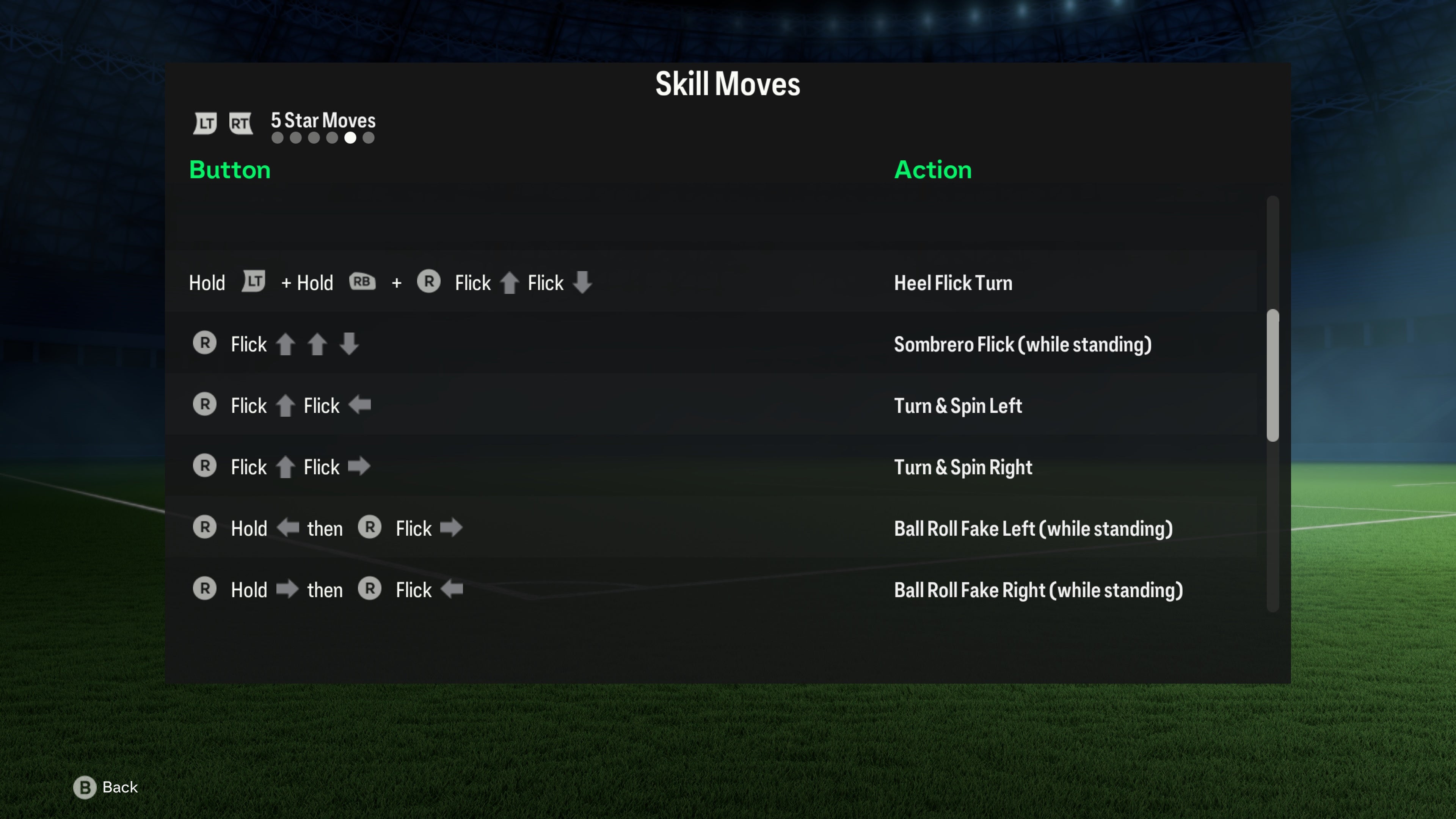 menu list of 5 star skill moves